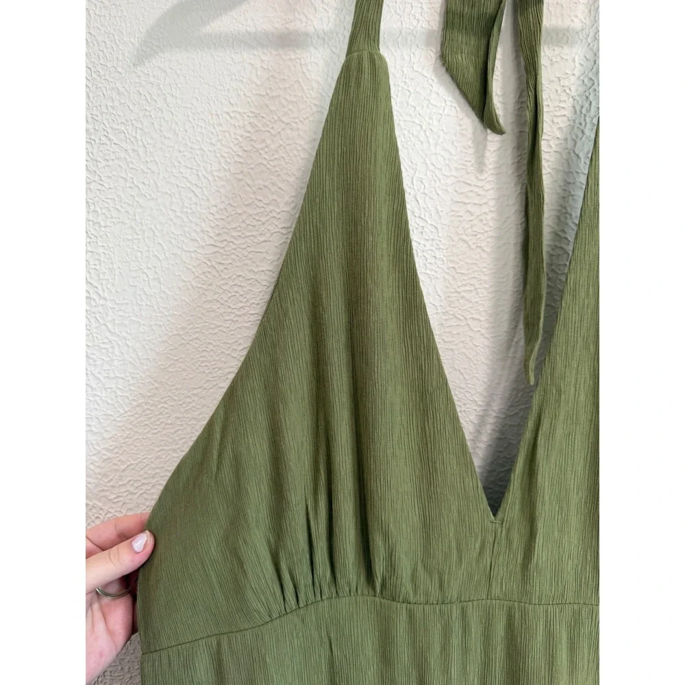 Abercrombie & Fitch Olive Green Halter Maxi Dress Textured V-Neck Slit XL Fall